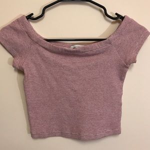 Off the shoulder knit white & red striped crop top